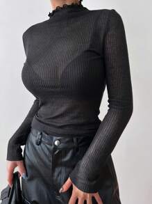 Mock Neck Lettuce Trim Tee Without Bra Long Sleeve Top - Black - View 1
