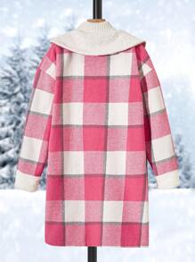 青少年女孩1入組格紋印花羊絨領口外套 - 玫紅色 - 查看 2