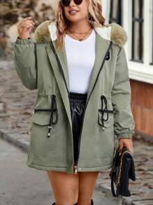 SHEIN LUNE Plus Drawstring Waist Fuzzy Trim Hooded Parka Coat - Green - View 3