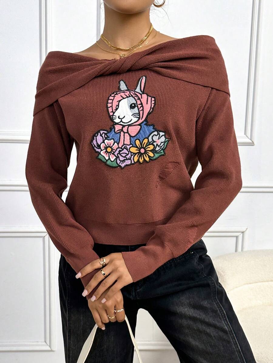 SHEIN Unity 卡通图案翻边扭结露肩针织套头衫秋冬毛衣 - 咖啡棕 - 查看 1