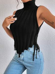 Allurite Áo cao cổ Ren Up Side Viền không đối xứng Áo len vest - màu đen - Xem 6