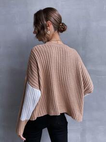 SHEIN Essnce 撞色落肩袖套頭毛衣 - 卡其色 - 查看 2
