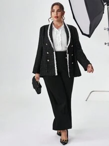 SHEIN Privé Plus Contrast Trim Shawl Collar Double Breasted Belted Tweed Blazer - Black and White - View 4