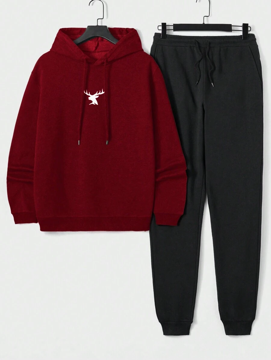 SHEIN Cottnline Men's Deer Head Drawstring Hooded Sweatshirt And Sweatpants Two-piece Set - Red - View 1