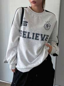 Dazy Star 字母圖案落肩袖運動衫 - 淺灰色 - 查看 1