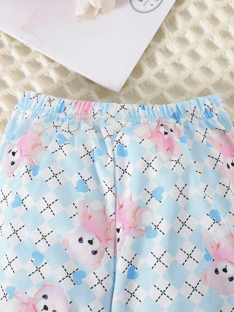 Young Girl Slogan Graphic Raglan Sleeve Sweatshirt & Bear Print Flare Leg Pants