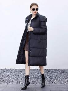 SHEIN BIZwear 休闲纯色连帽加厚棉服外套，百搭冬装 - 黑色 - 查看 4