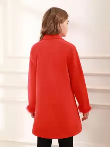 SHEIN Tween Girl Fuzzy Trim Double Button Overcoat for Christmas - Red - View 2