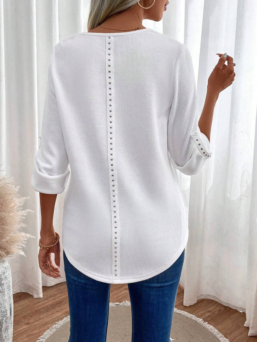 SHEIN LUNE Solid Roll Up Sleeve Studded Detail Tee - White - View 1