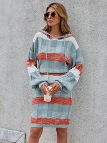 SHEIN LUNE Colorblock Drop Shoulder Drawstring Hooded Sweater Dress - Multicolor - View 1