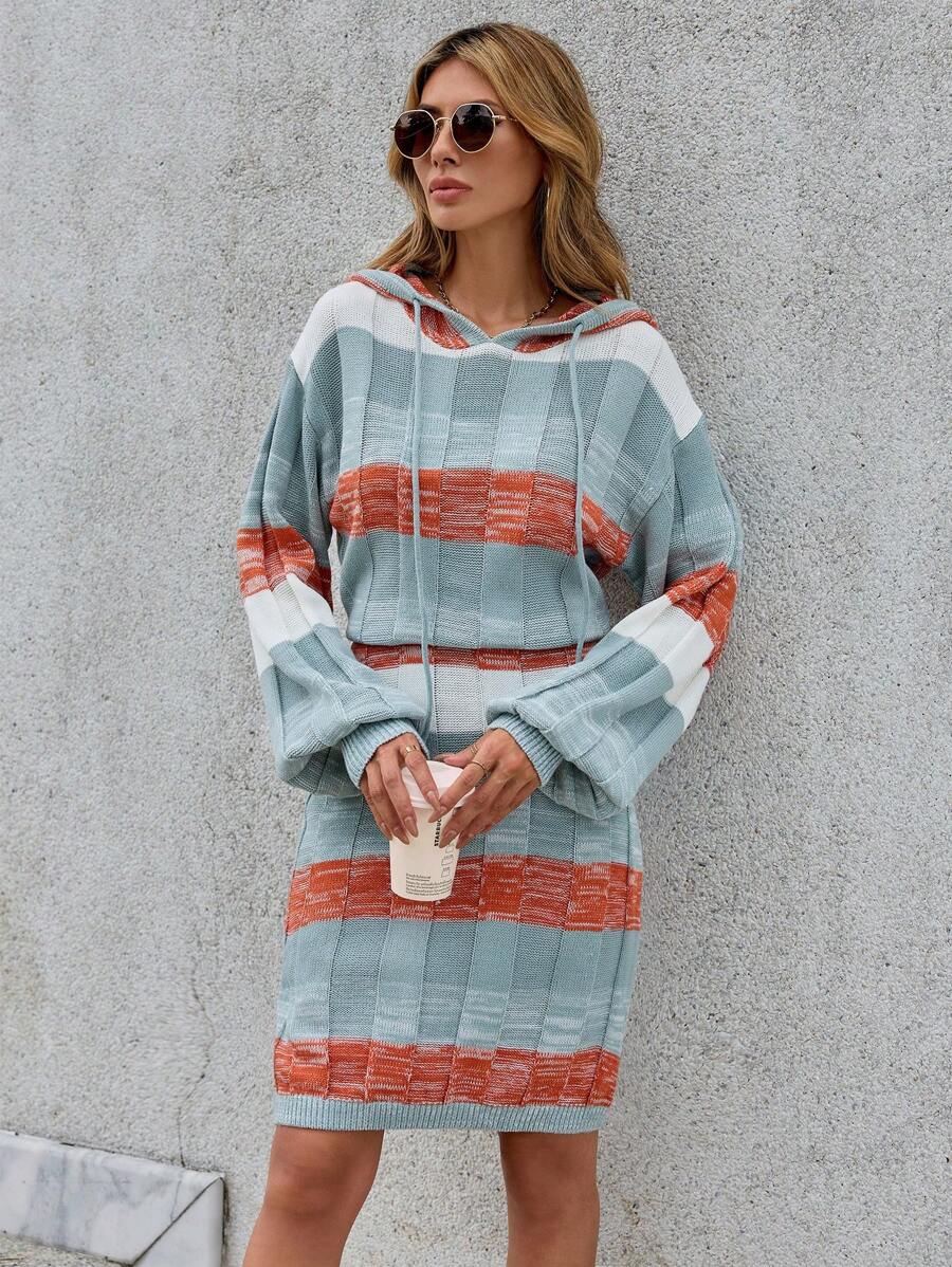 SHEIN LUNE Colorblock Drop Shoulder Drawstring Hooded Sweater Dress - Multicolor - View 1