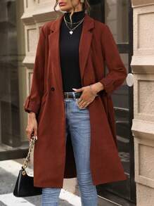 SHEIN LUNE Roll Tab Sleeve Double Button Belted Coat - Rose Red - View 4