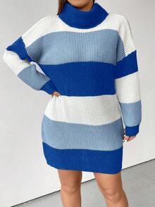 Flirla 大碼撞色高領落肩袖毛衣洋裝 - 彩色 - 查看 6