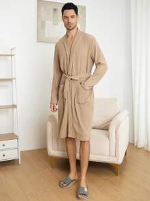 男士素色雙口袋腰帶休閒服睡袍 - 卡其色 - 查看 4