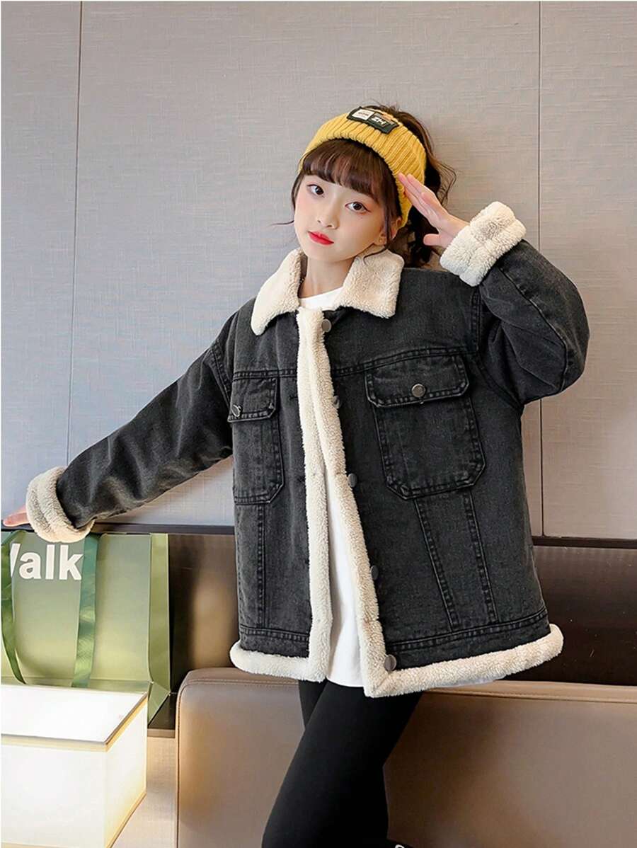 SHEIN 女大童羊絨領口翻蓋口袋加絨內裏外套 - 黑色 - 查看 1