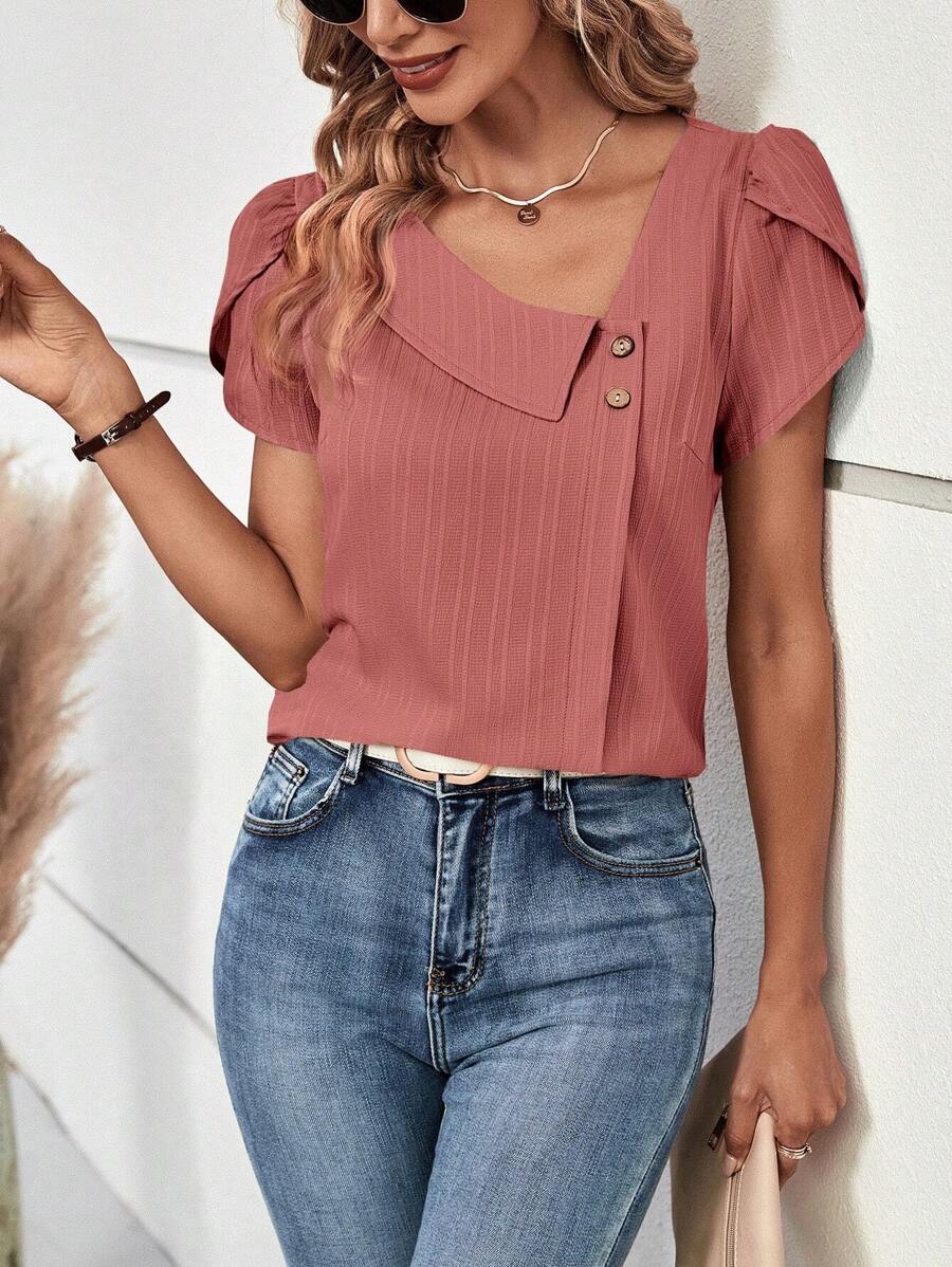 EMERY ROSE 不對稱領花瓣袖襯衫 - 藕粉色 - 查看 1