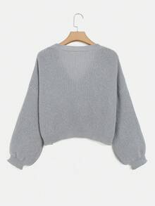 SHEIN Essnce Hơn Thả vai Nút phía trước Áo len Mở - Xám - Xem 2