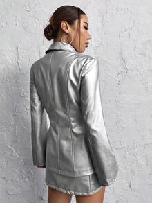 SHEIN ICON Hook & Eye PU Leather Coat - Silver - View 4