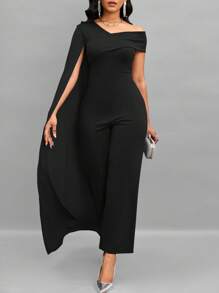 SHEIN Lady Asymmetrical Neck Cloak Sleeve Wide Leg Jumpsuit - Black - View 3
