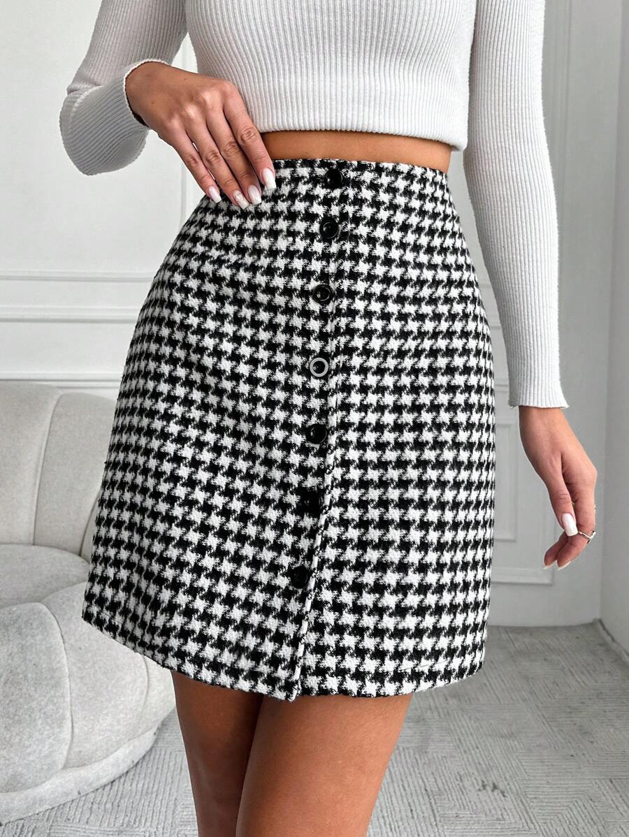 RueChic In Houndstooth Nút phía trước Tweed Váy - Đen và trắng - Xem 1