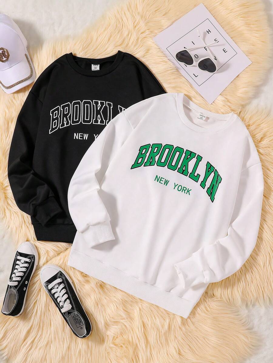 青少年女孩2入組字母圖案運動衫 - 黑色 - 查看 1