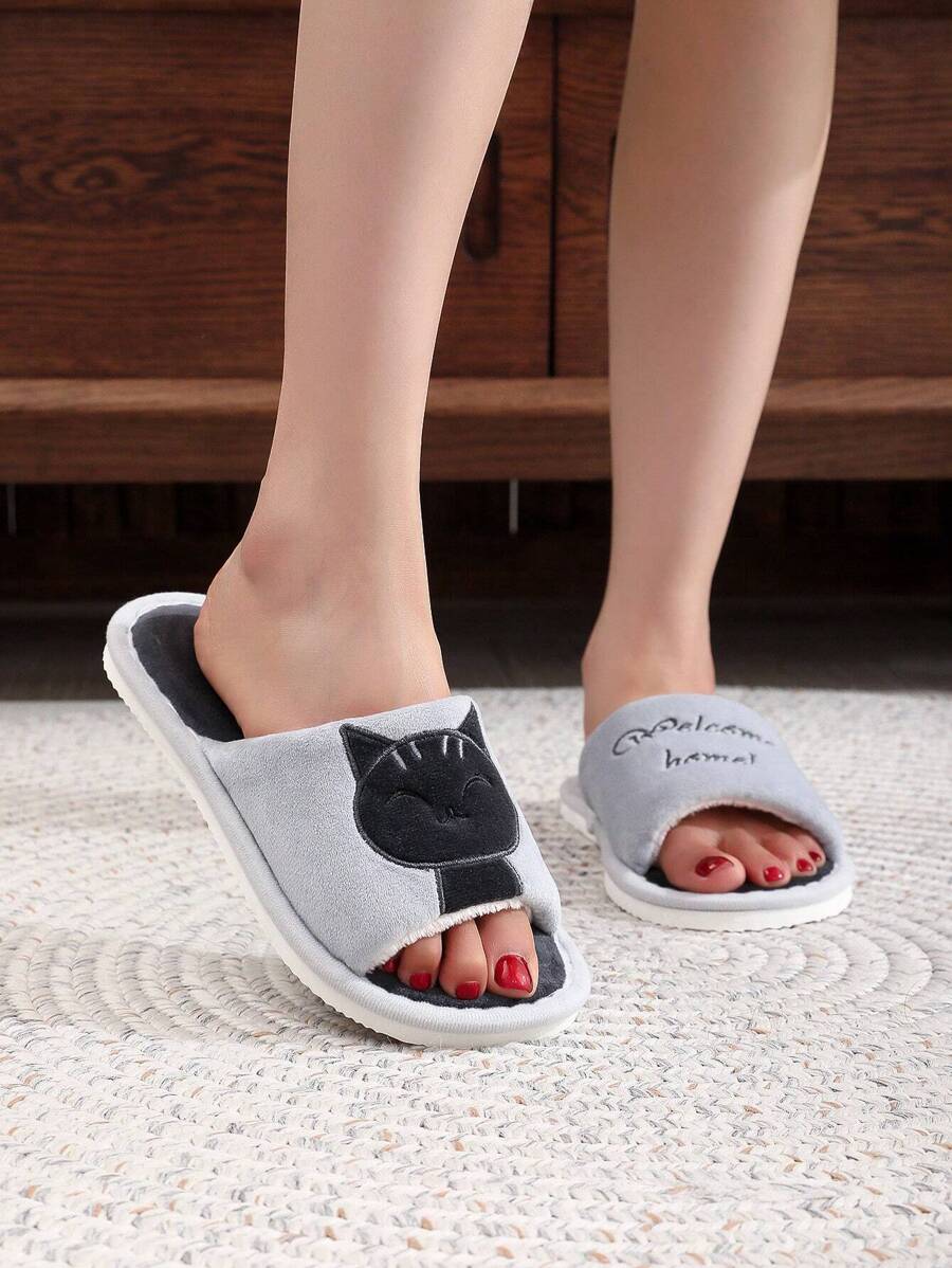 Fall/Winter Lucky Cat Open Toe Indoor House Slippers For Women With Non-Slip & Noiseless Sole, Cute Cat Design