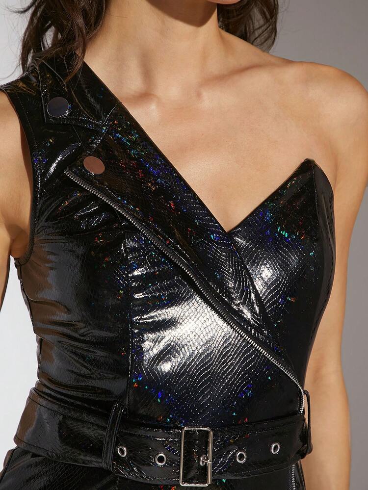 One Shoulder Belted PU Leather Dress