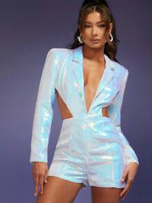 SHEIN Unity Lapel Cut Out Open Back Sequin Romper - Blue and White - View 1