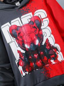 SHEIN Tween Boy Bear Print Two Tone Hoodie & Letter Graphic Sweatpants - Grey - View 7