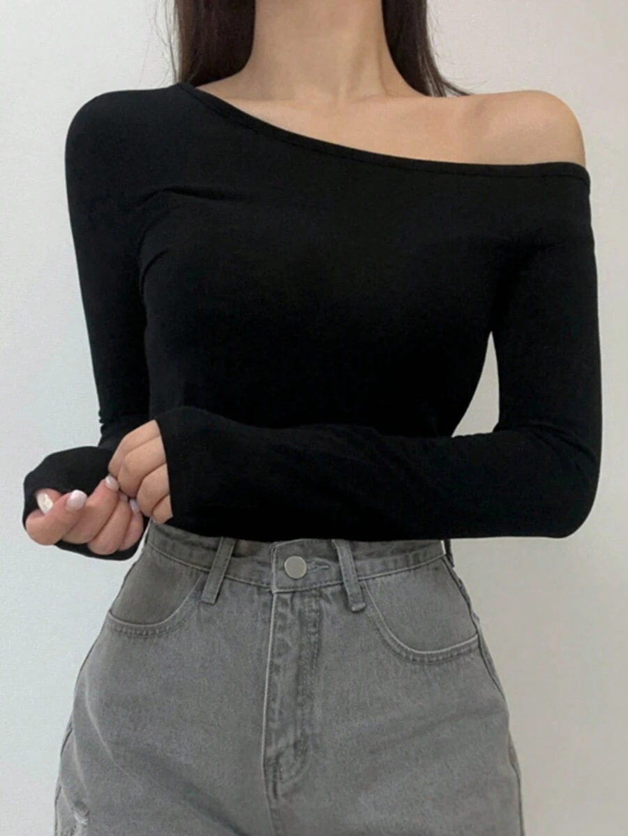 DAZY Solid Asymmetrical Neck Tee Long Sleeve Women Tops