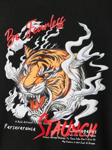 EASEVO Men Plus Tiger & Slogan Graphic Drawstring Hoodie - Black - View 4