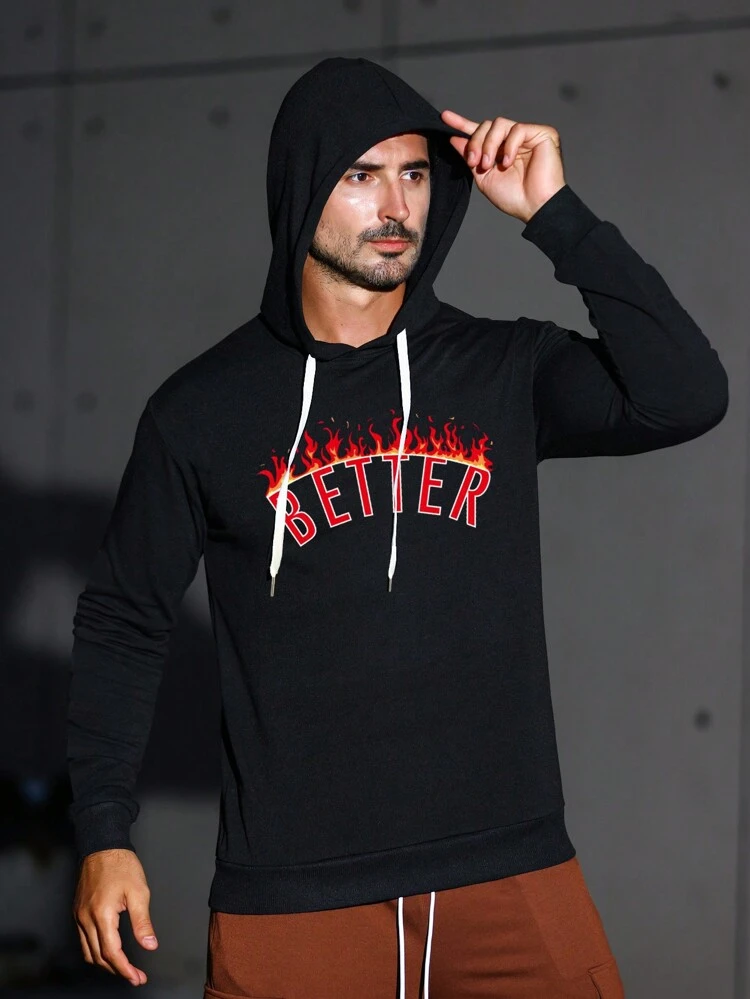 Men's Letter Printed Drawstring Hooded Sweatshirt For Sports Sweatshirt Men Sweatshirt