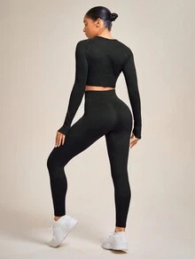 SHEIN Daily&Casual Cut Out Front Thumb Holes Sports Set - Black - View 2