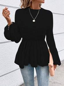 SHEIN VCAY 素色燈籠袖荷葉邊下擺套頭毛衣 - 黑色 - 查看 1