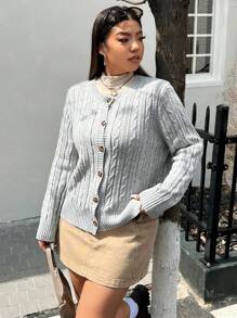 SHEIN EZwear 大碼前紐扣麻花編織開襟衫 - 灰色 - 查看 4