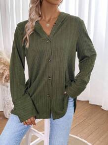 SHEIN LUNE 素色開門襟連帽外套 - 軍綠色 - 查看 4