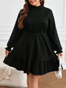 SHEIN Frenchy Plus Mock Neck Flounce Sleeve Ruffle Hem Dress,Graduation Dress - Black - View 1