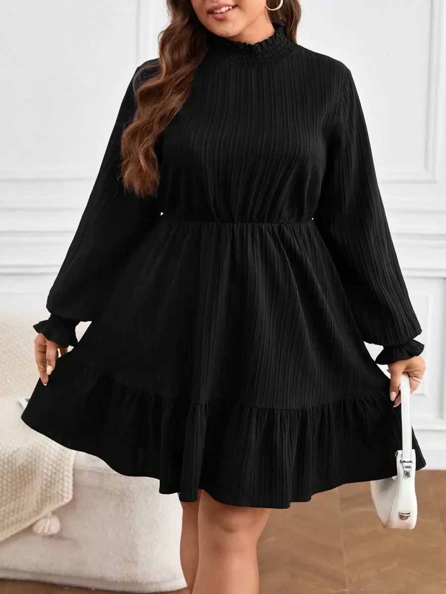SHEIN Frenchy Plus Mock Neck Flounce Sleeve Ruffle Hem Dress,Graduation Dress - Black - View 1