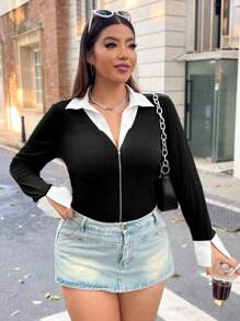 Flirla Plus Contrast Trim Zip Up 2 In1 Tee Graphic Tees Women Tops - Black and White - View 3