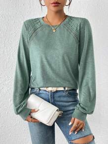 SHEIN Frenchy Guipure Lace Insert Lantern Sleeve Tee - Army Green - View 4