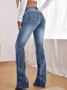 SHEIN ICON Ripped Frayed Flare Leg Jeans - Medium Wash - View 2