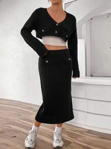 SHEIN Unity con botón delantero Cárdigan crop & Falda de punto sin top tank - Negro - Ver 3