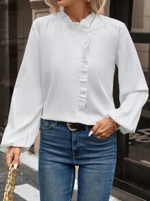 SHEIN Frenchy Lá sen tỉa Tay áo lồng đèn Cổ giả Áo sơ mi - Đen và trắng - Xem 1