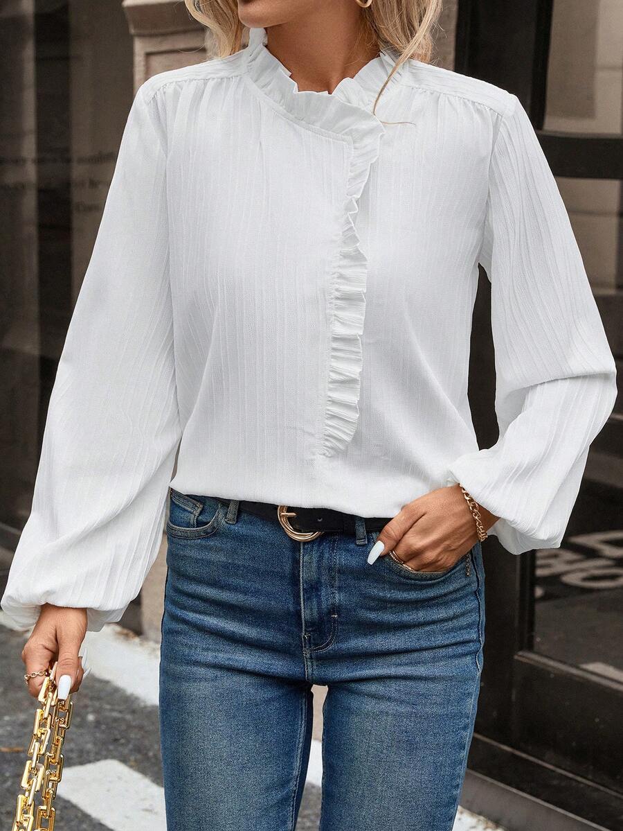 SHEIN Frenchy Lá sen tỉa Tay áo lồng đèn Cổ giả Áo sơ mi - Đen và trắng - Xem 1