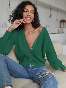 EURMUSE Drop Shoulder Button Front Cardigan - Green - View 6