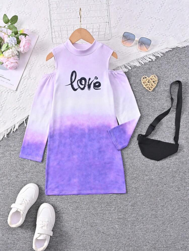 Tween Girls' Casual Sporty Streetwear Ombre Tie-Dye English Letter Print Stand Collar Cold Shoulder Long Sleeve Dress With Waist Bag
