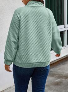Calvaya Plus Button Detail High Neck Raglan Sleeve Sweatshirt - Green - View 2