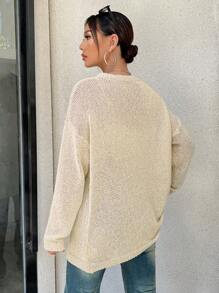 SHEIN Unity 落肩罗纹针织套头衫，适合秋冬季穿着 - 杏色 - 查看 2