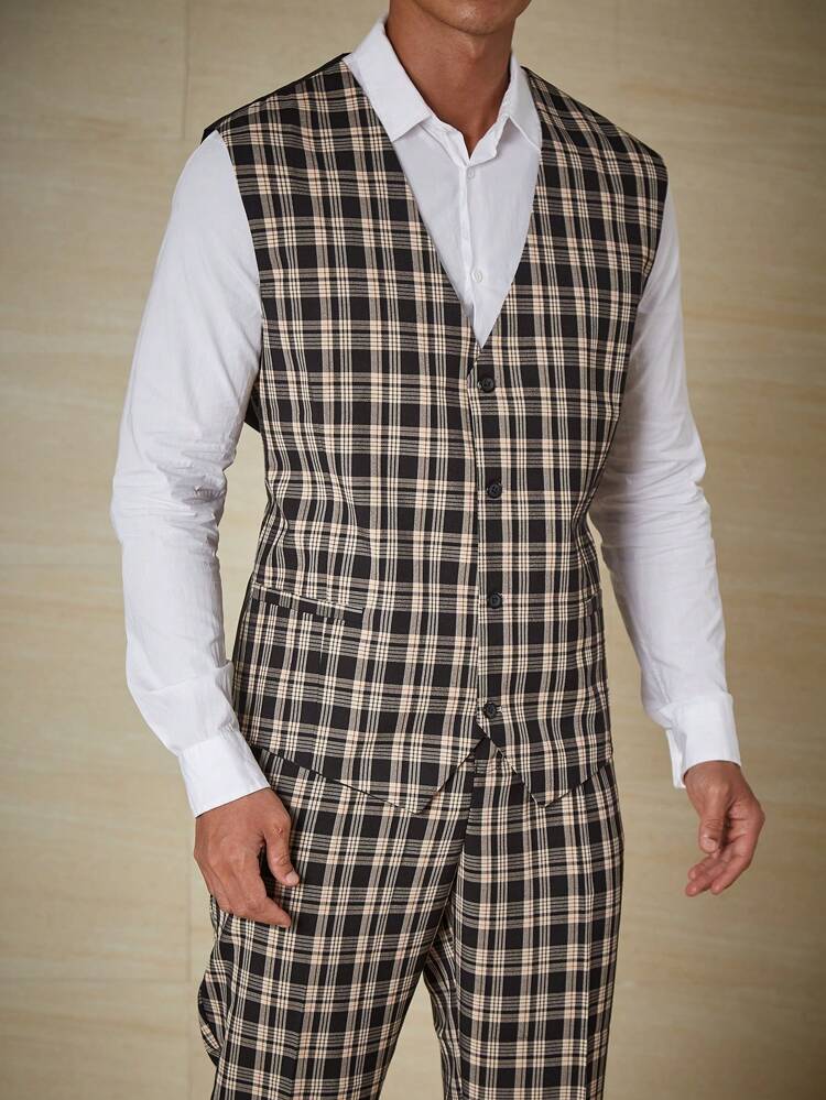 Men Plus Plaid Print Waistcoat Without Shirt