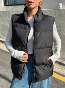 DAZY Zip Up Padded Vest Thick Pockets Coat, Ladies Late Fall Casual Pocket, Zipper Funnel Neck Loose Black Plain Women Coats, Winter Warmth/ Winter Fashion, Winter Women Padded Coat Jacket - Black - View 6